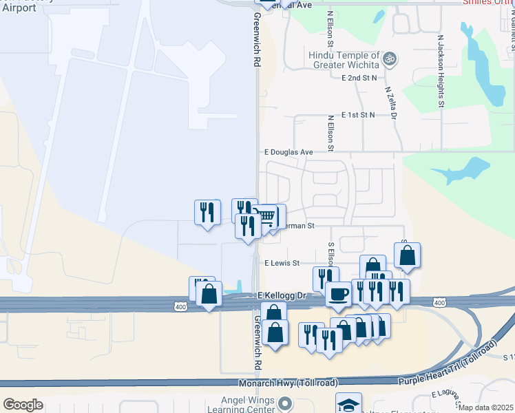 map of restaurants, bars, coffee shops, grocery stores, and more near 136 S Greenwich Rd in Wichita