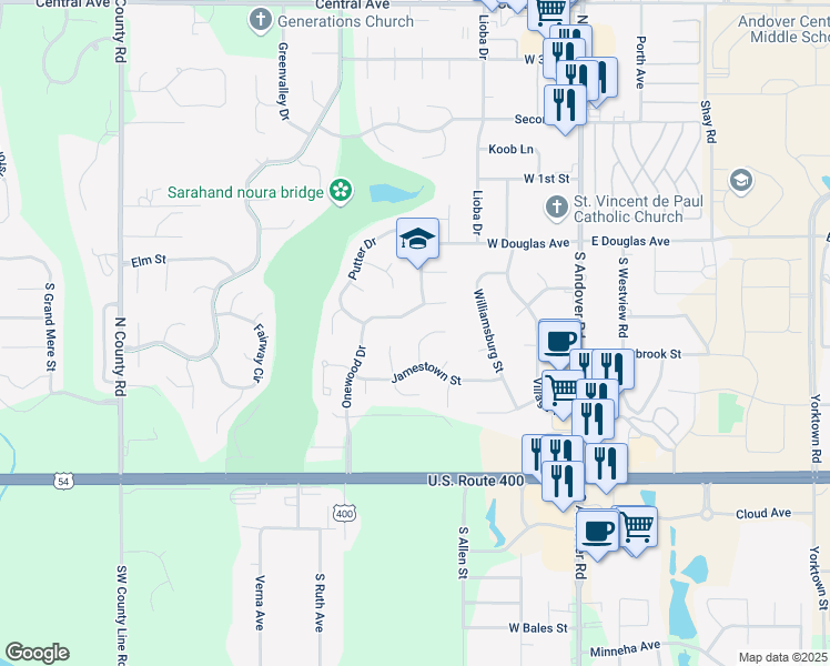 map of restaurants, bars, coffee shops, grocery stores, and more near 204 Onewood Drive in Andover