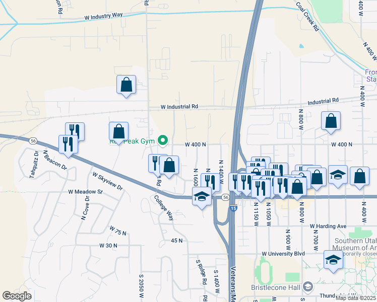 map of restaurants, bars, coffee shops, grocery stores, and more near 370 North Wood Circle in Cedar City