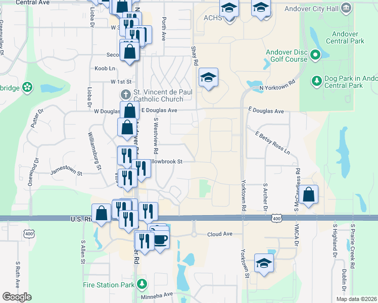 map of restaurants, bars, coffee shops, grocery stores, and more near 233 S Sunset Dr in Andover