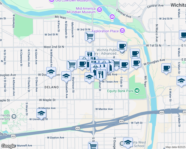 map of restaurants, bars, coffee shops, grocery stores, and more near W Douglas Ave & S Seneca St in Wichita