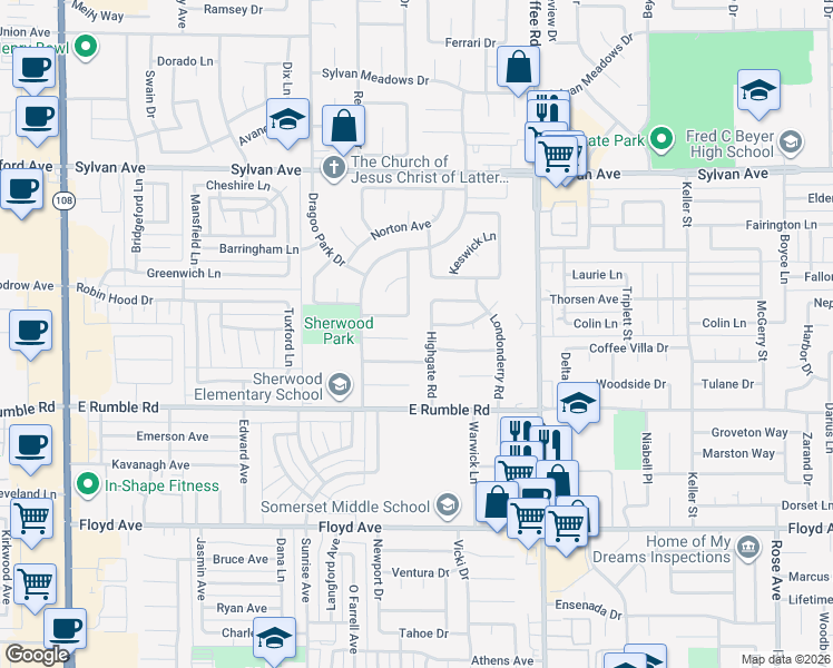 map of restaurants, bars, coffee shops, grocery stores, and more near 3300 Heartwood Way in Modesto