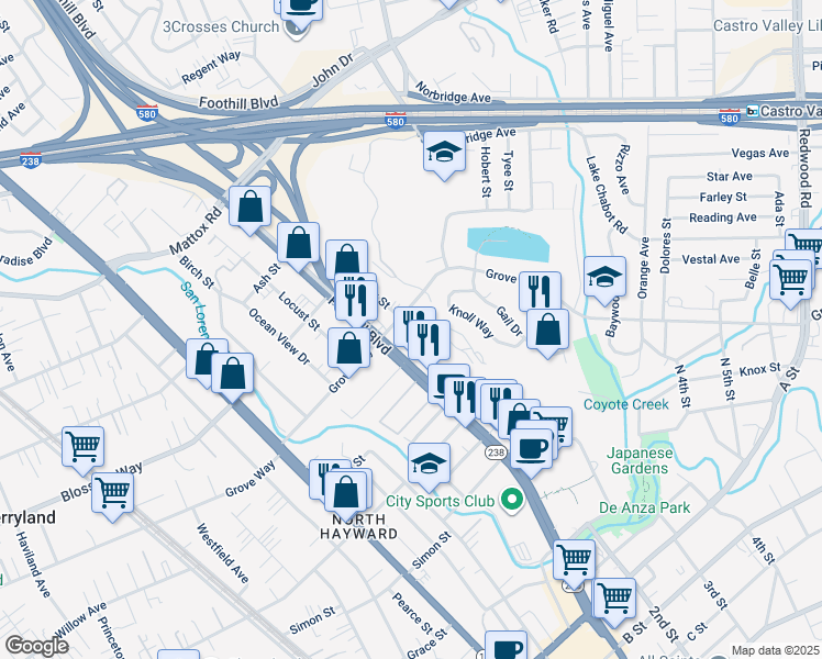 map of restaurants, bars, coffee shops, grocery stores, and more near 1455 Grove Way in Hayward