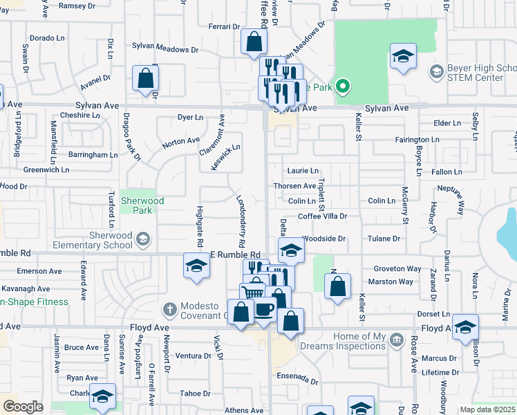 map of restaurants, bars, coffee shops, grocery stores, and more near in Modesto