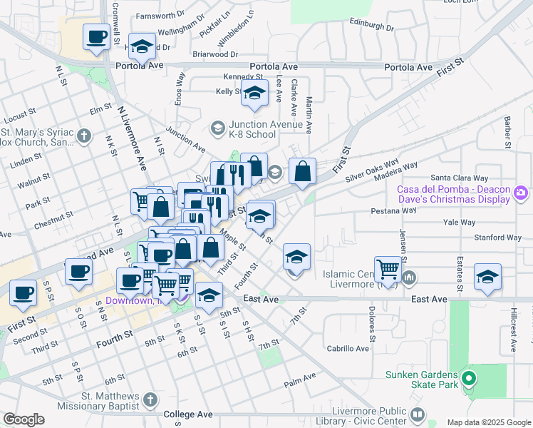 map of restaurants, bars, coffee shops, grocery stores, and more near 1505 First Street in Livermore