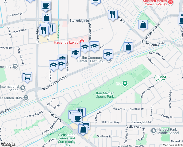 map of restaurants, bars, coffee shops, grocery stores, and more near 1969 Barcenilla Lane in Pleasanton
