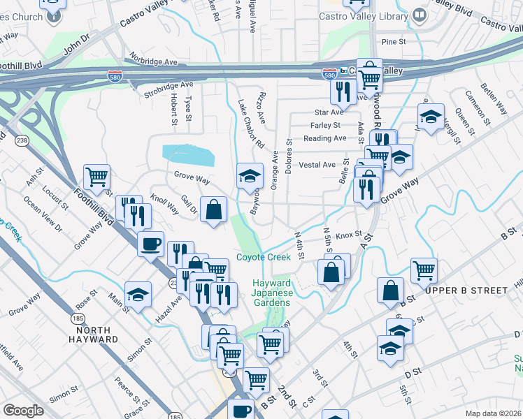 map of restaurants, bars, coffee shops, grocery stores, and more near 1926 Grove Way in Hayward