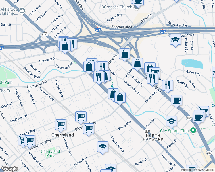 map of restaurants, bars, coffee shops, grocery stores, and more near 20856 Mission Boulevard in Hayward