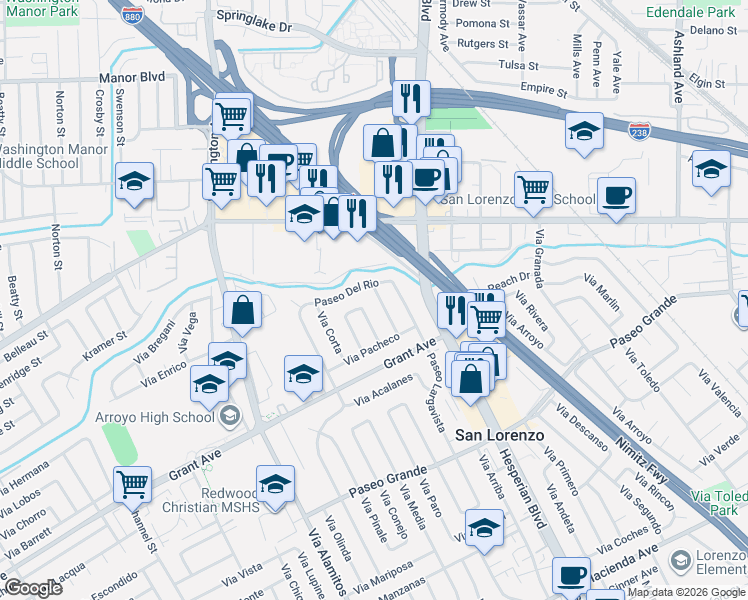 map of restaurants, bars, coffee shops, grocery stores, and more near 544 Paseo Del Rio in San Lorenzo