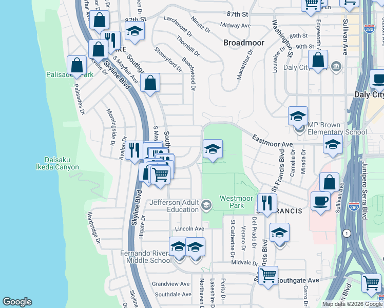 map of restaurants, bars, coffee shops, grocery stores, and more near 40 Baldwin Avenue in Daly City