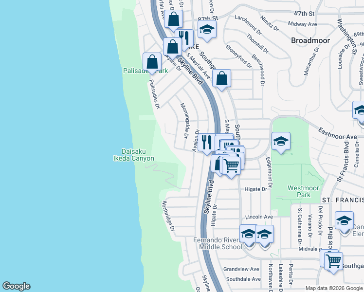 map of restaurants, bars, coffee shops, grocery stores, and more near 165 Morningside Drive in Daly City