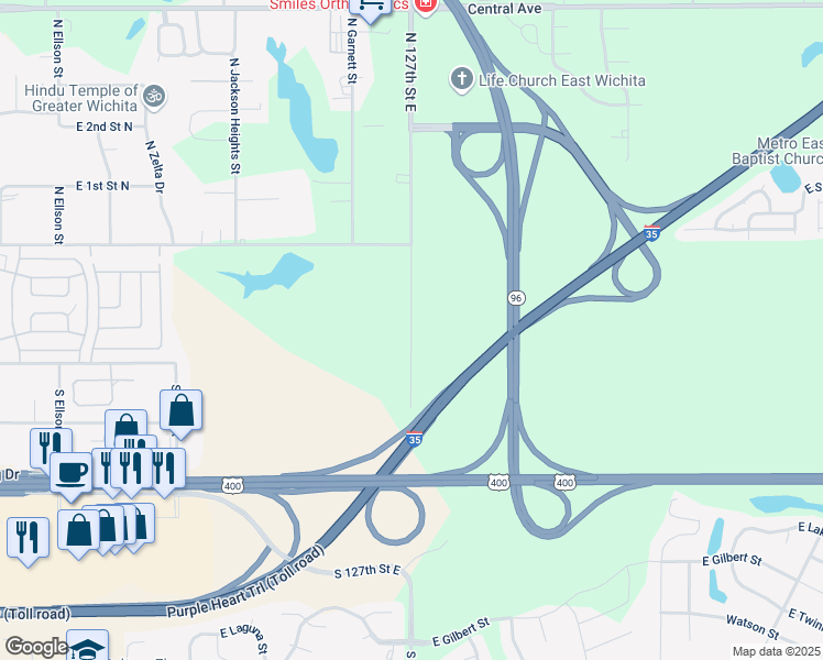 map of restaurants, bars, coffee shops, grocery stores, and more near South 127th Street East in Wichita