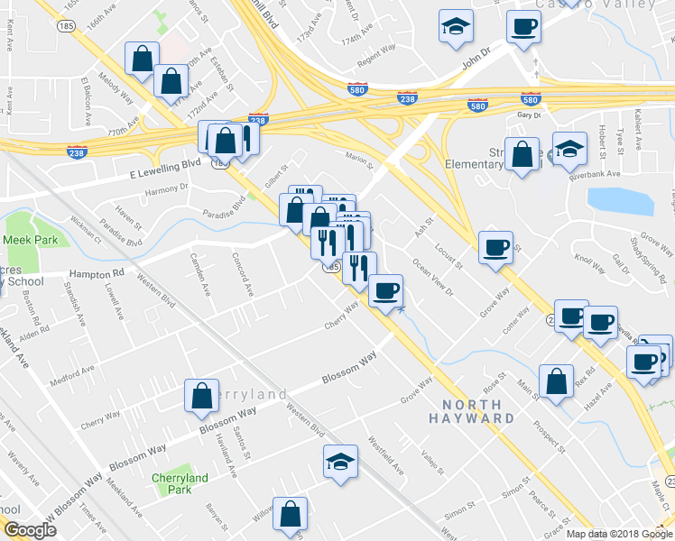 map of restaurants, bars, coffee shops, grocery stores, and more near 20918 Mission Blvd in Hayward