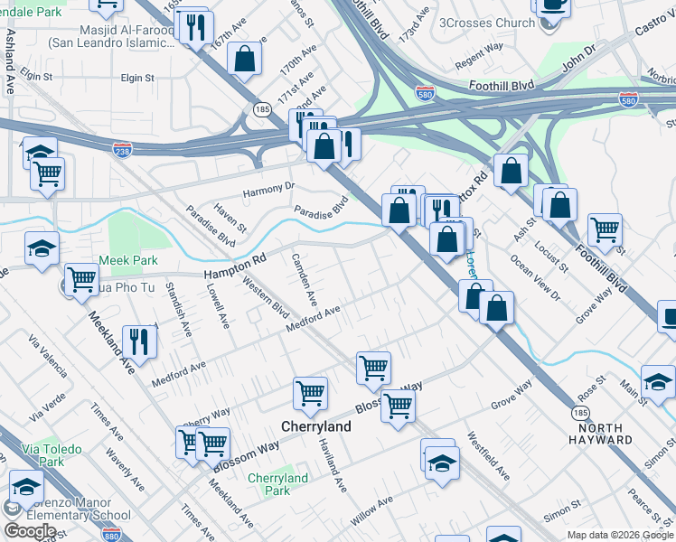 map of restaurants, bars, coffee shops, grocery stores, and more near 20309 Concord Avenue in Hayward