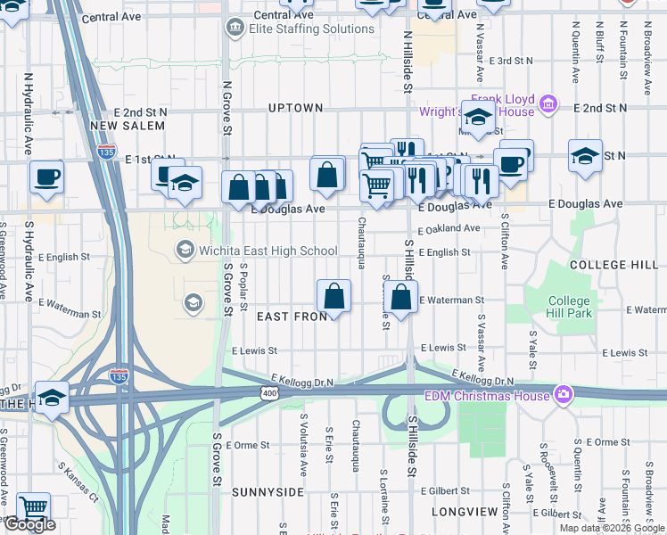map of restaurants, bars, coffee shops, grocery stores, and more near 150 South Erie Street in Wichita