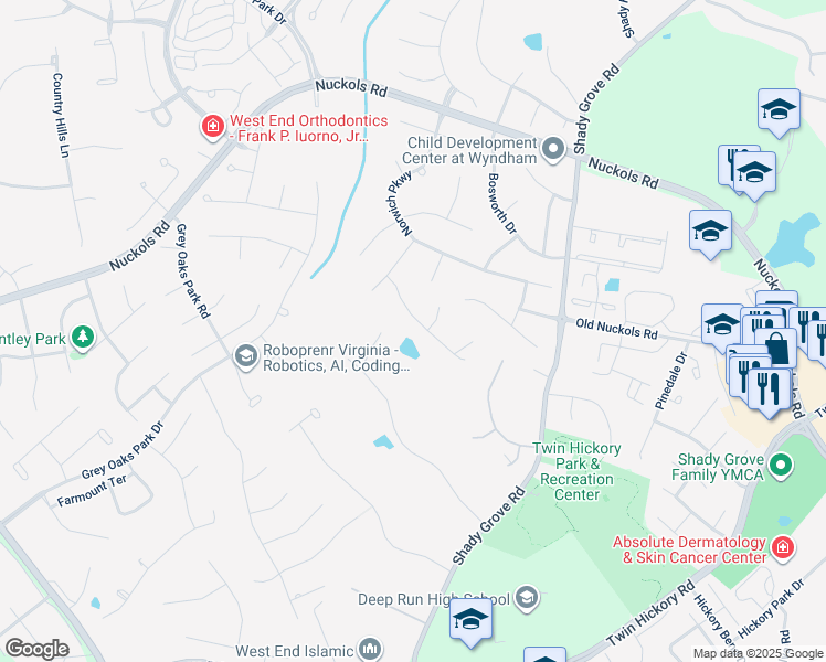 map of restaurants, bars, coffee shops, grocery stores, and more near 11604 Peavey Street in Glen Allen