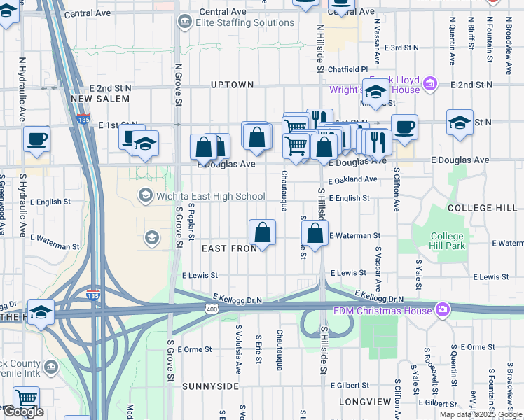 map of restaurants, bars, coffee shops, grocery stores, and more near 207 South Erie Street in Wichita