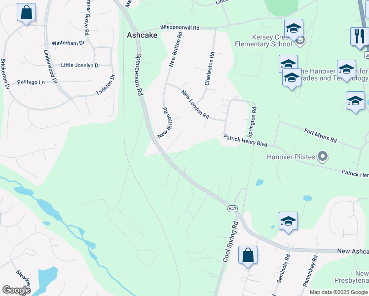 map of restaurants, bars, coffee shops, grocery stores, and more near 8480 New Ashcake Road in Mechanicsville