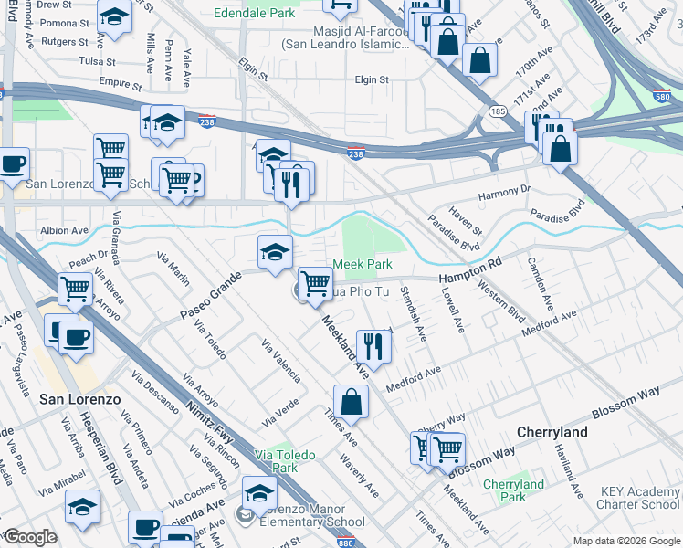 map of restaurants, bars, coffee shops, grocery stores, and more near 17140 Harvard Avenue in Hayward