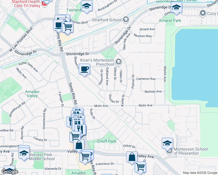 map of restaurants, bars, coffee shops, grocery stores, and more near 2211 Oakland Avenue in Pleasanton
