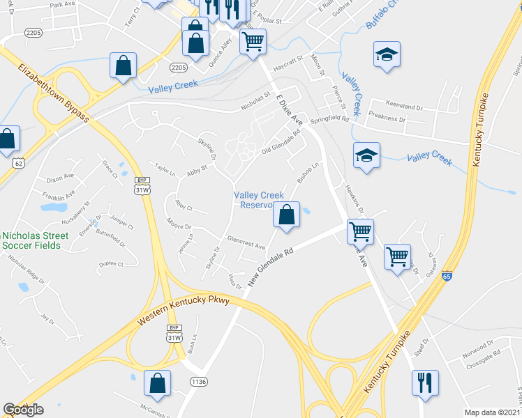 map of restaurants, bars, coffee shops, grocery stores, and more near 228 Vaughn Lane in Elizabethtown