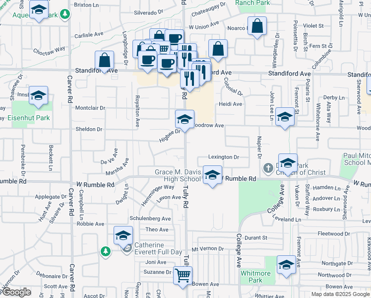 map of restaurants, bars, coffee shops, grocery stores, and more near Tully Road & Morada Drive in Modesto