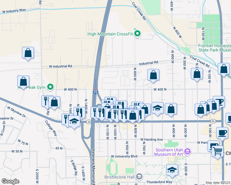 map of restaurants, bars, coffee shops, grocery stores, and more near 1055 West 400 North in Cedar City