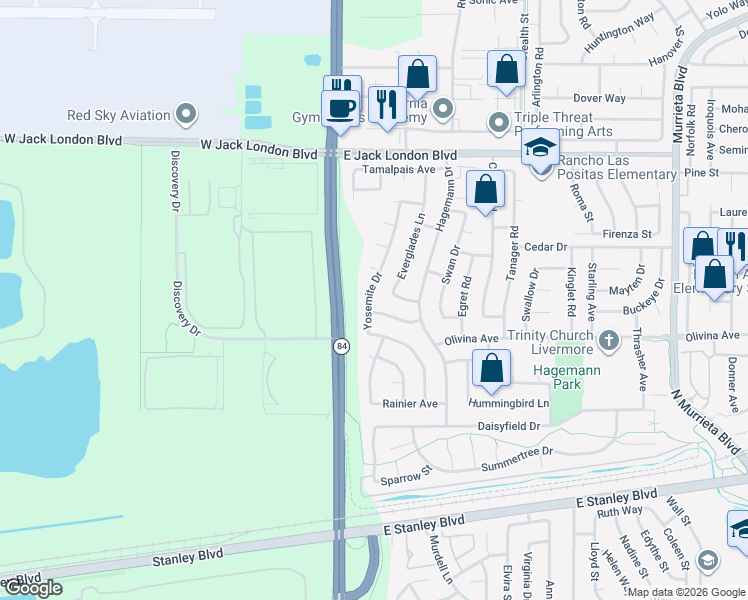 map of restaurants, bars, coffee shops, grocery stores, and more near 529 Yosemite Drive in Livermore