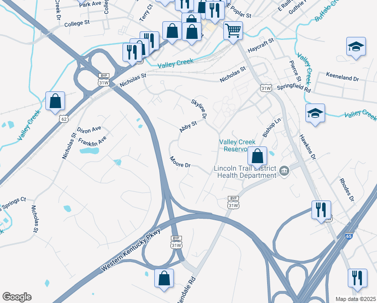 map of restaurants, bars, coffee shops, grocery stores, and more near Abby Court in Elizabethtown