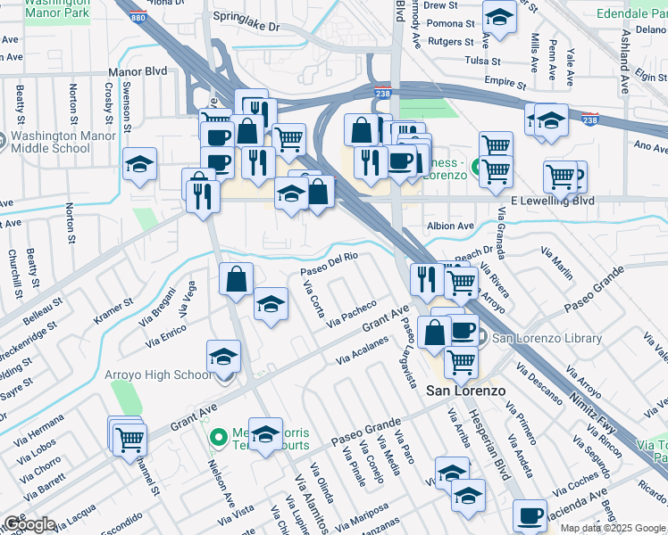map of restaurants, bars, coffee shops, grocery stores, and more near 591 Paseo Del Rio in San Lorenzo
