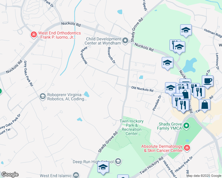 map of restaurants, bars, coffee shops, grocery stores, and more near 11725 Lincolnshire Court in Glen Allen