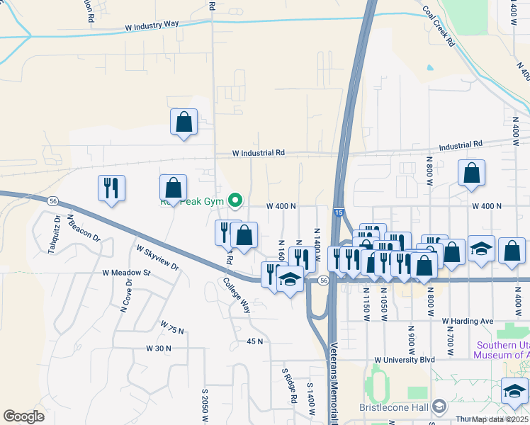 map of restaurants, bars, coffee shops, grocery stores, and more near 1647 West 400 North in Cedar City