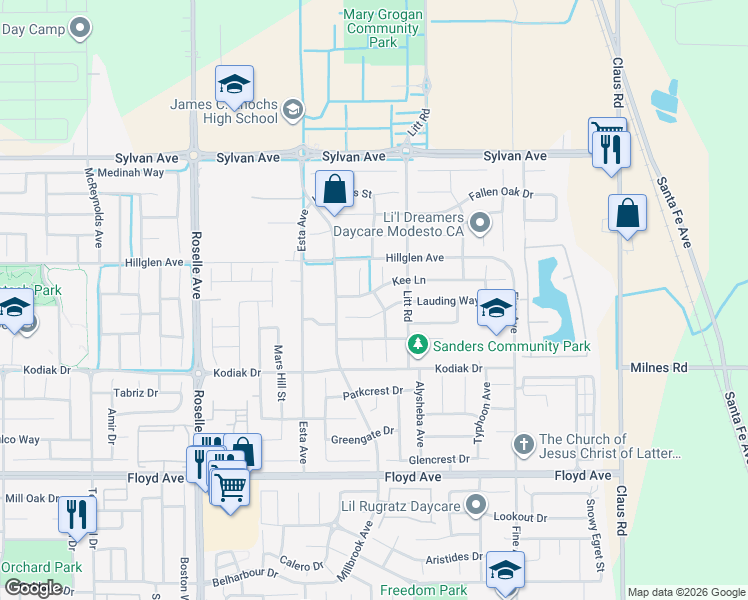 map of restaurants, bars, coffee shops, grocery stores, and more near 3408 Kee Lane in Modesto