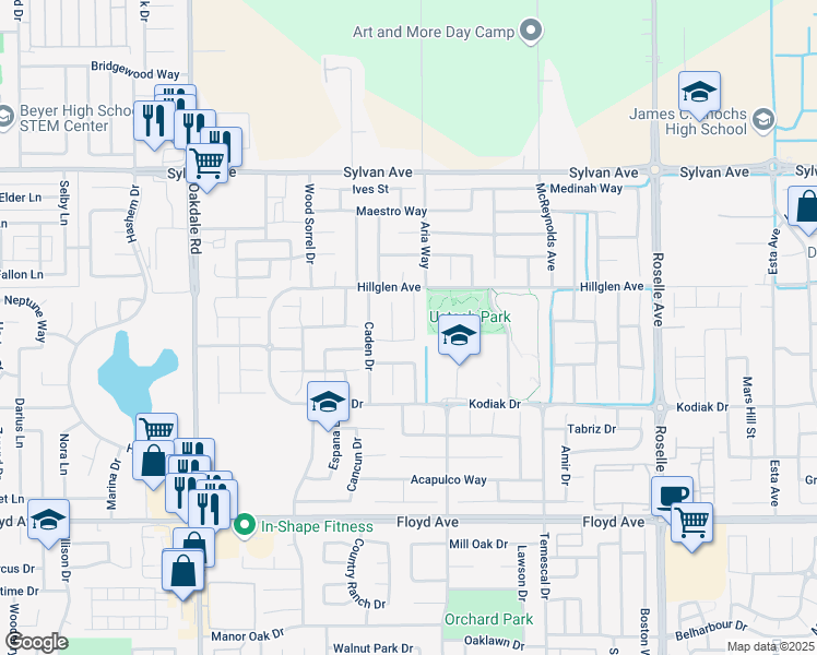 map of restaurants, bars, coffee shops, grocery stores, and more near 3221 Green Hill Lane in Modesto