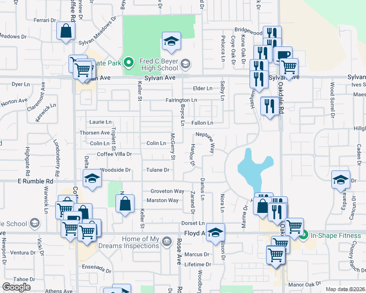 map of restaurants, bars, coffee shops, grocery stores, and more near 3201 Harbor Drive in Modesto