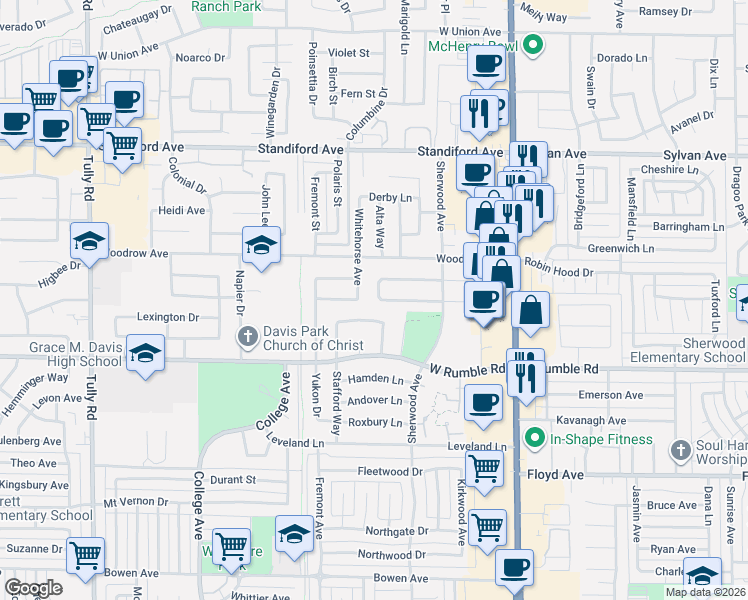 map of restaurants, bars, coffee shops, grocery stores, and more near 357 Birchwood Court in Modesto