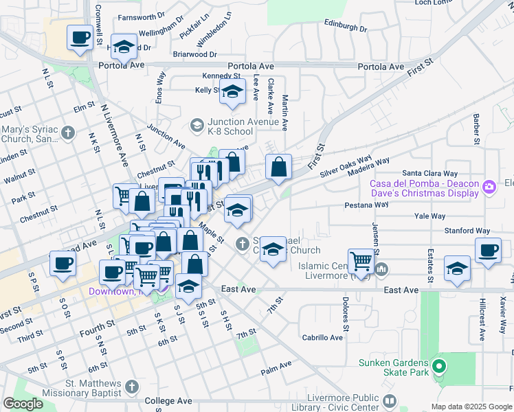 map of restaurants, bars, coffee shops, grocery stores, and more near in Livermore