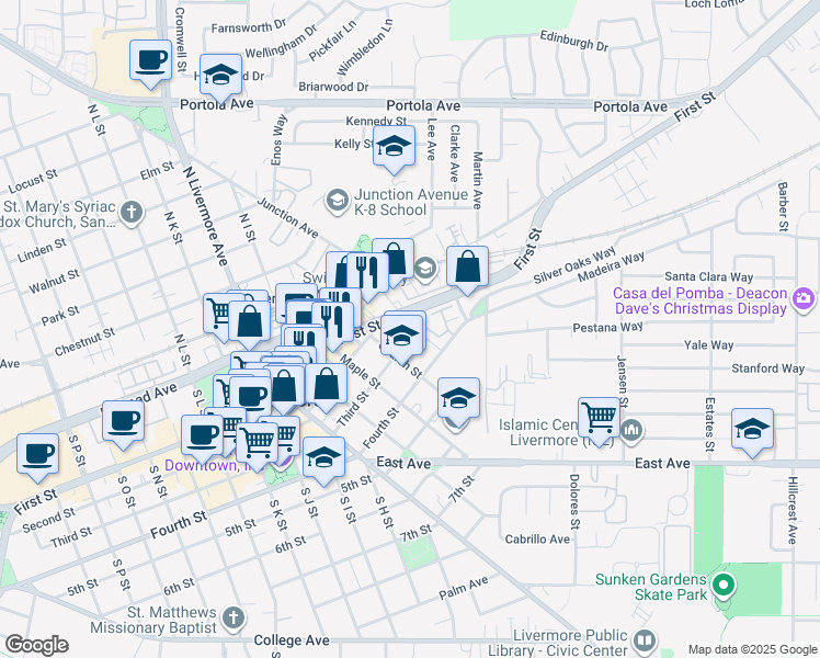 map of restaurants, bars, coffee shops, grocery stores, and more near 1505 First Street in Livermore