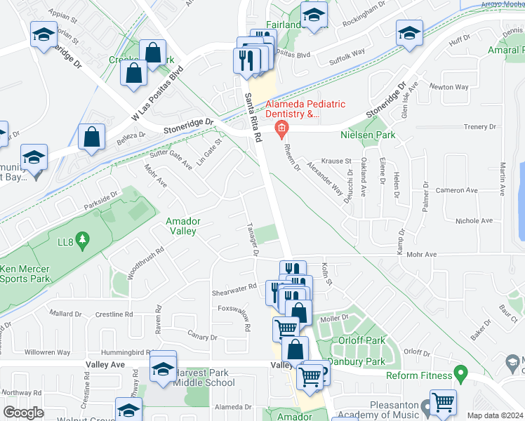 map of restaurants, bars, coffee shops, grocery stores, and more near 2595 Tanager Drive in Pleasanton