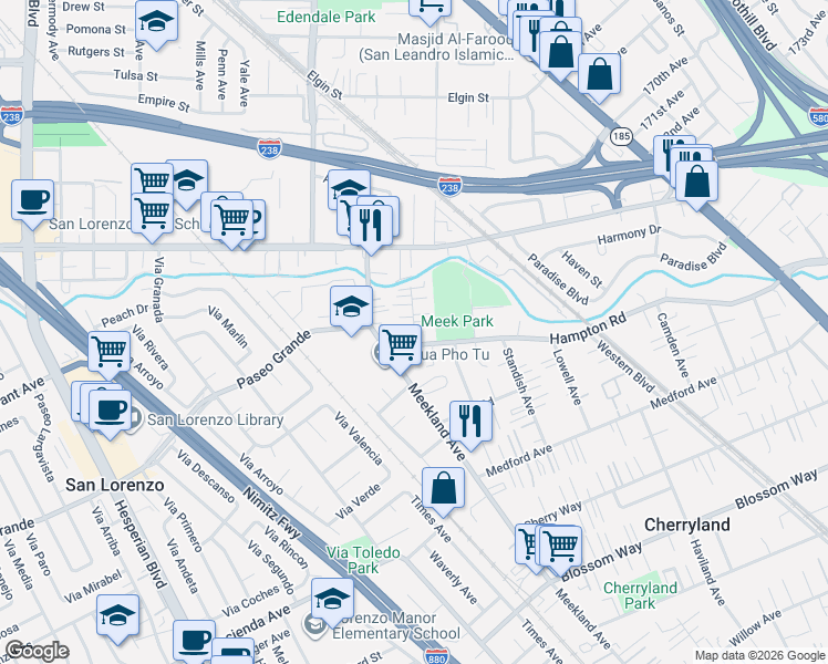 map of restaurants, bars, coffee shops, grocery stores, and more near 17140 Harvard Avenue in Hayward