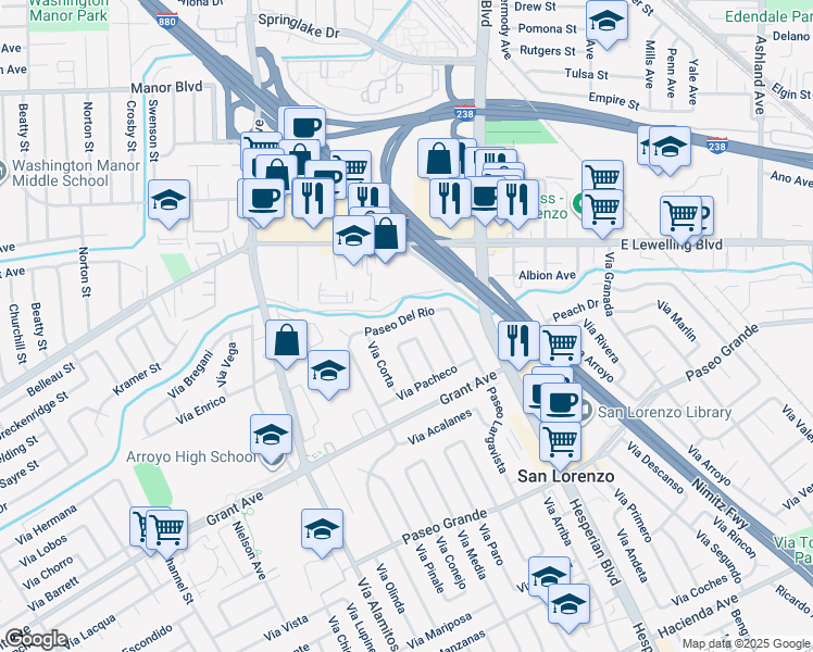 map of restaurants, bars, coffee shops, grocery stores, and more near 591 Paseo Del Rio in San Lorenzo