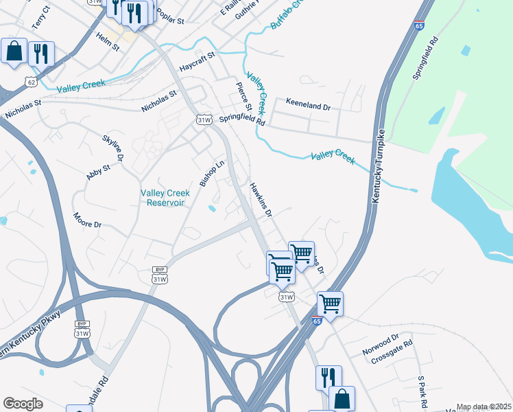 map of restaurants, bars, coffee shops, grocery stores, and more near 621-629 Hawkins Dr in Elizabethtown