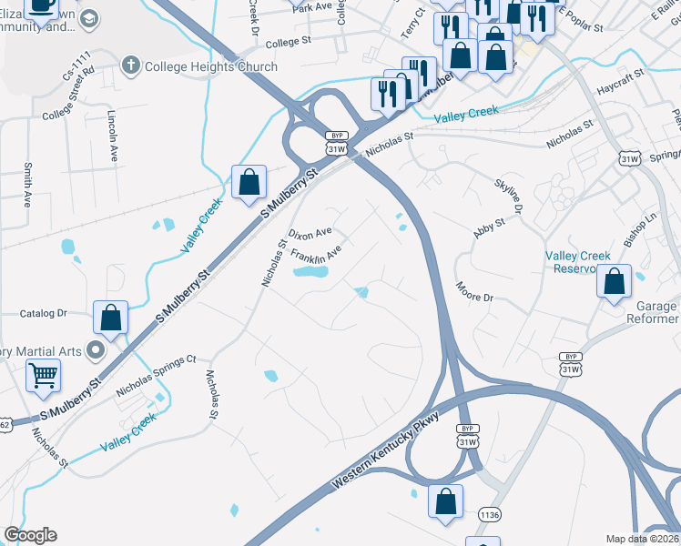 map of restaurants, bars, coffee shops, grocery stores, and more near 400-498 Franklin Avenue in Elizabethtown