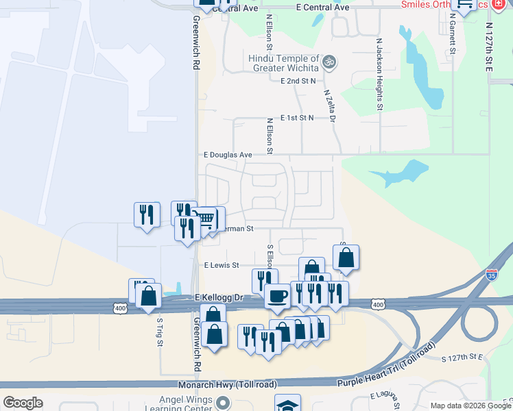 map of restaurants, bars, coffee shops, grocery stores, and more near 130 S Greenwich Rd in Wichita