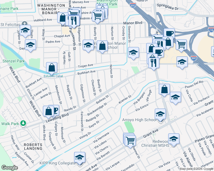 map of restaurants, bars, coffee shops, grocery stores, and more near 15382 Andover Street in San Leandro