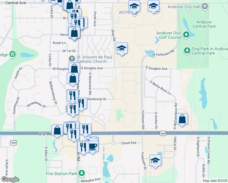map of restaurants, bars, coffee shops, grocery stores, and more near 233 South Sunset Drive in Andover