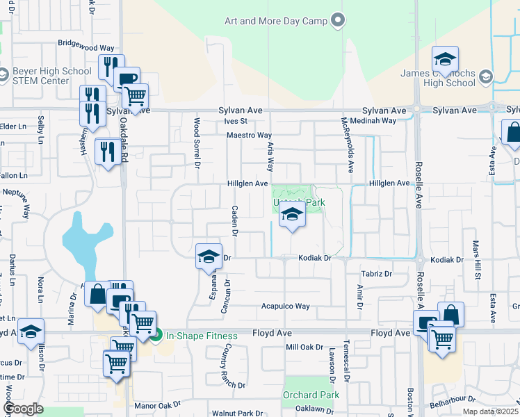 map of restaurants, bars, coffee shops, grocery stores, and more near 3221 Green Hill Lane in Modesto