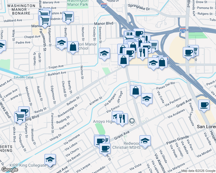 map of restaurants, bars, coffee shops, grocery stores, and more near 840 Woodgate Drive in San Leandro