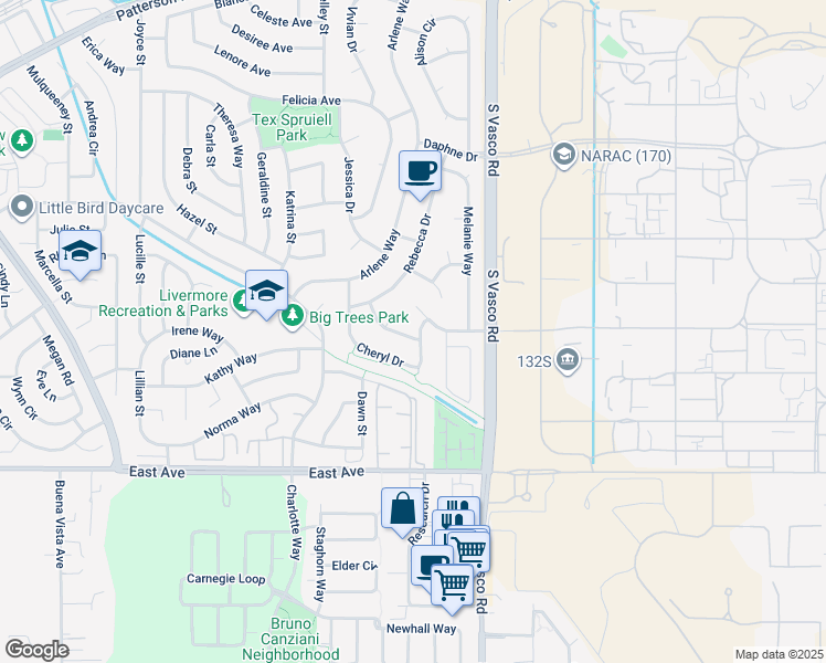 map of restaurants, bars, coffee shops, grocery stores, and more near 1762 Cheryl Drive in Livermore