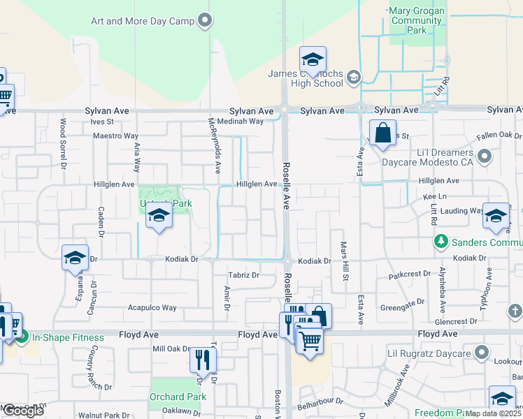 map of restaurants, bars, coffee shops, grocery stores, and more near 3124 Knightsbridge Drive in Modesto